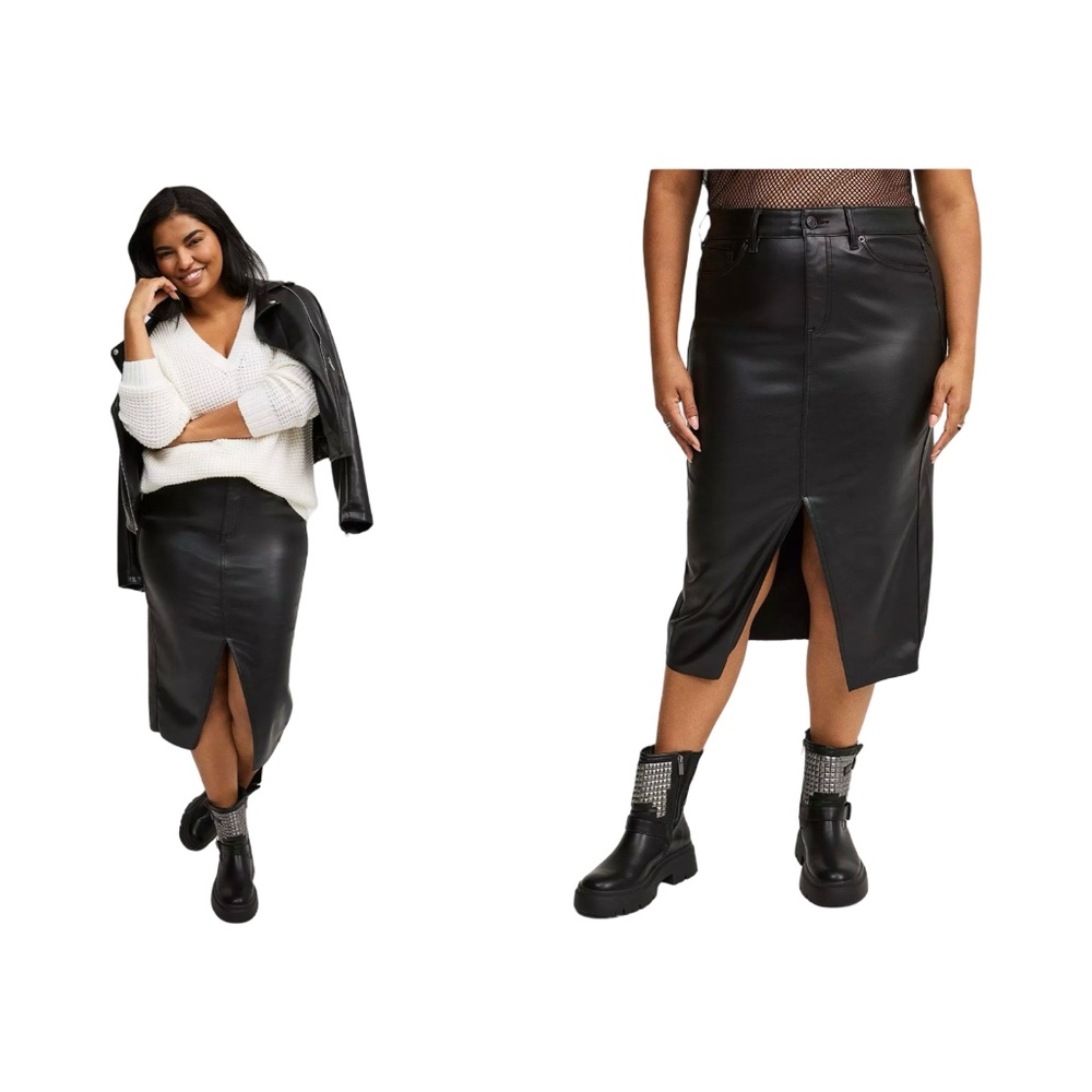 Torrid Womens Midi Faux Leather Skirt With Slit In Deep Black Size 14 NEW